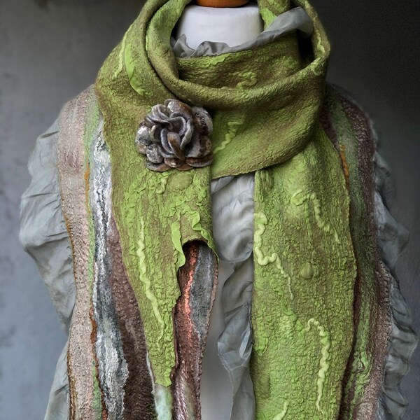 Green Beige Felted scarf shawl - merino wool and natural silk / handmade nunofelt scarf with brooch / art scarf shawl / handmade