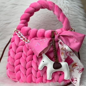 Pink Chunky Velvet Bag / Giant Yarn Bag / Velvet Knitting Bag / Big Yarn Bag / Korean Style Handbag / Bag with Horse charm and bow