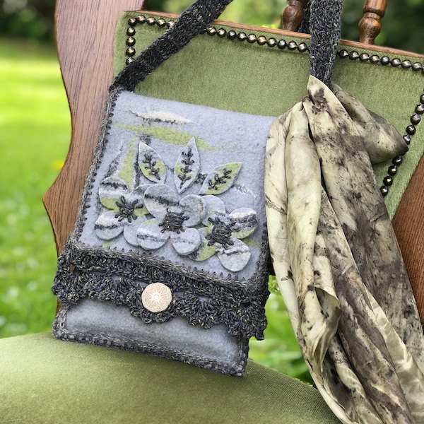 Grijze Gevilte handtas/voelde Pouch portemonnee Clutch/Felted haak wol Eco OOAK grijs geel ECO natuur Fantasy Fiber Art Festival