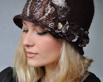 Brown Merino Wool Felted Cloche Hat: Handmade Fashion Hat