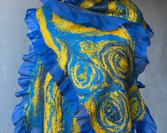Blue Yellow Nuno felted scarf. Merino wool felted scarf. Support Ukraine. Handmade nunofelt scarf. Scarf with flowers.