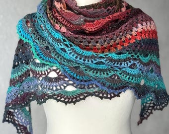 Xale de crochê colorido: Cachecol de lã lurex multicolorido com efeito degradê