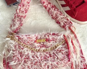 Bolsa de crochê fofa vermelha e branca: Bolsa de ombro macia, mini bolsa