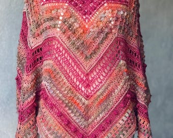 Xale de crochê boho: degradê de estrelas rosa, mistura de lã