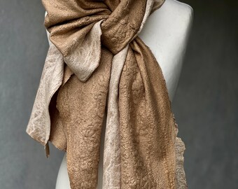 Beige camel Nuno felted scarf shawl. Very soft beige scarf. Cappuccino nunofelted scarf. Handmade nunofelted scarf shawl