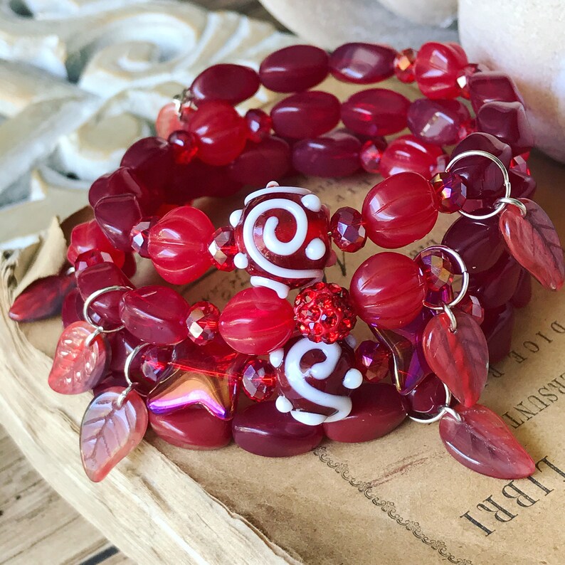 Red Beaded Bracelet / Red Charm Bracelet / Crystal Summer Red Etsy