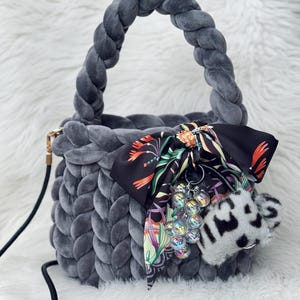 Gray Chunky Velvet Crossbody Bag / Bubble Pop Velvet Bag – Chunky Knit Handbag with Bow, Bubbles & Fuzzy Mini Purse | Soft Plush Crossbody