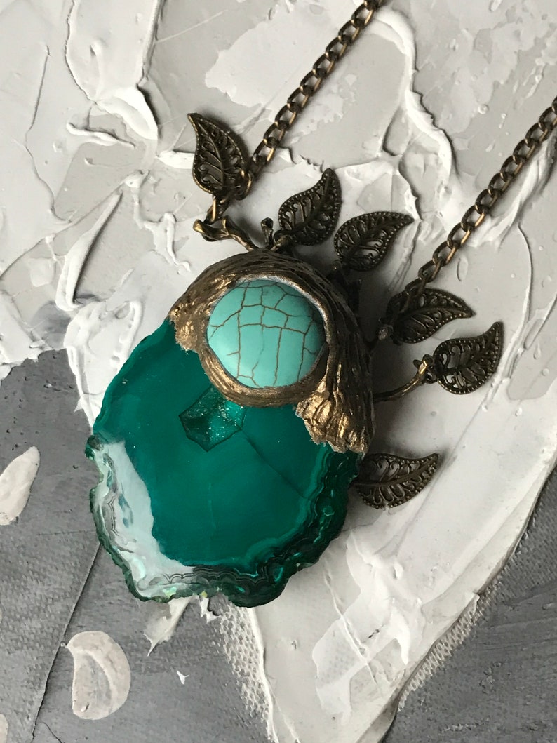 Crystals /& Spirit Quartz Necklace Druzy Agate Gemstone Pendant Bronze Aura Boho Hippie Pendant Mother Nature Forest Fairy Pendant Fantasy