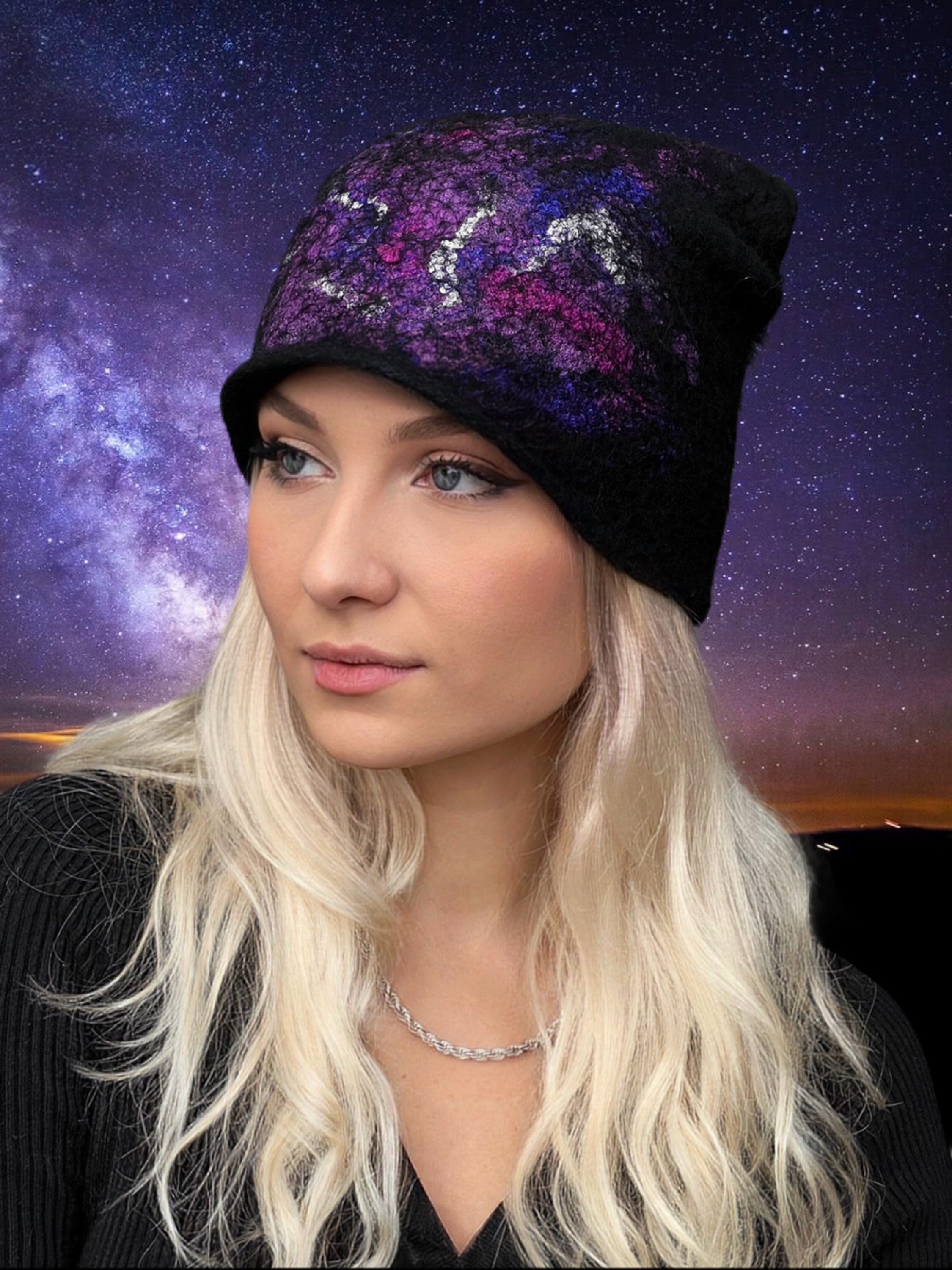 Handmade Felted Wool Hat: Black Purple Slouchy Beanie With  display picture 3