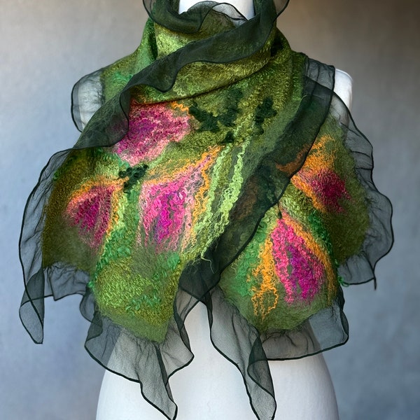 Green Nuno Felted Scarf / nuno felted shawl merino wool / flower felt natural silk / handmade nuno felt scarf flowers picture / fiber design