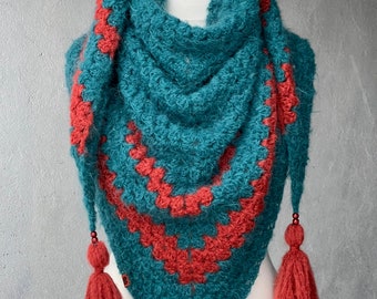 Luxurious very soft crochet shawl / triangular teal petrol terracotta shawl /Fluffy soft winter crochet shawl with tassels / Handmade Scarf