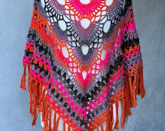 Handmade Flamenco Crochet Shawl: Bright Acrylic Multicolored Scarf