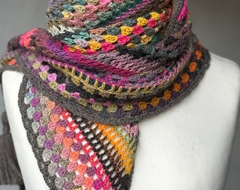 Bohemian Crochet Shawl: Multicolored Merino Wool Scarf with Tassels