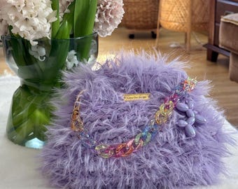 Bolsa de crochê fofa lilás: Necessaire macia, mini carteira de mão