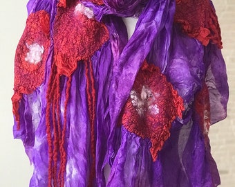 Cachecol de feltro de seda roxa: xale de lã merino com papoulas vermelhas