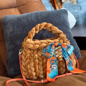 Camel Brown Chunky Velvet Bag / Giant Yarn Bag / Velvet Knitting Bag / Big Yarn Bag / Korean Style Handbag / Bag with charm and bow