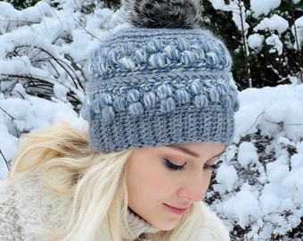 Crochet pompom gray hat / Gray beanie pompom Hat / crochet bubble beanie hat / Crochet beanie Pom Pom / popcorn beanie hat