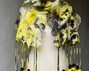 Halloween felted scarf. Very soft nuno felted scarf. Yellow black wool felted scarf. Handmade colorful nunofelt scarf. Scarf with flowers.