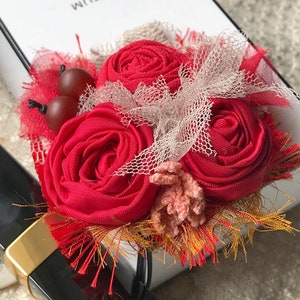 Red Rose Textile Brooch: Handmade Fabric Flower Pin