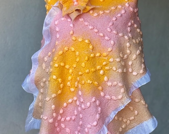 Cachecol Nuno em feltro rosa e amarelo – Xale texturizado em lã e seda