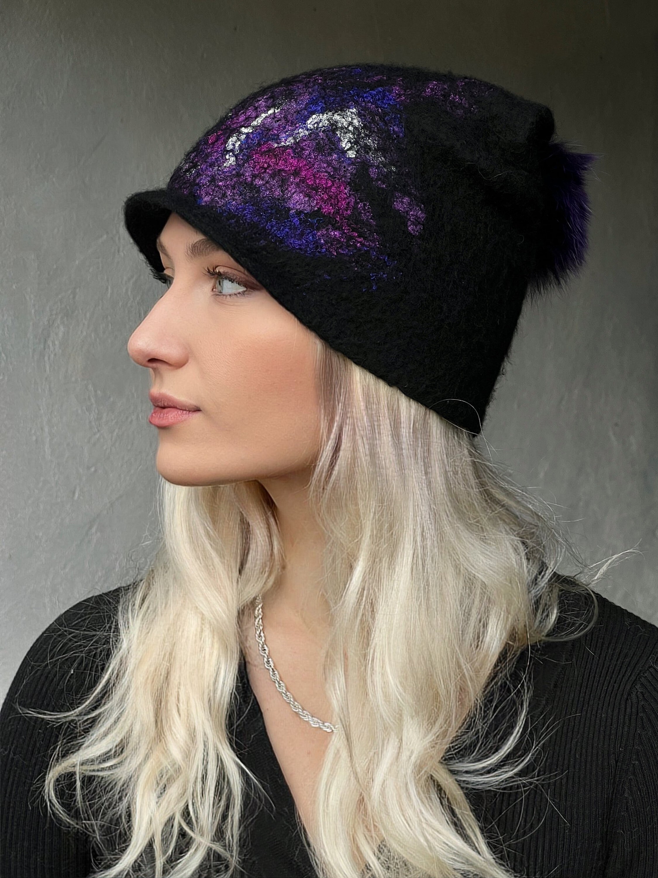 Handmade Felted Wool Hat: Black Purple Slouchy Beanie With 