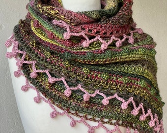 Bohemian crochet very soft shawl / green rose pink triangular multicolored shawl / Gradient winter crochet shawl / Handmade Scarf