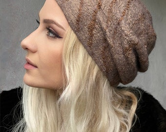 Beige Brown Felted Slouchy Hat - Felt Beige Slouchy Hat - Beige Winter Hat - Handmade Wool Beret Hat