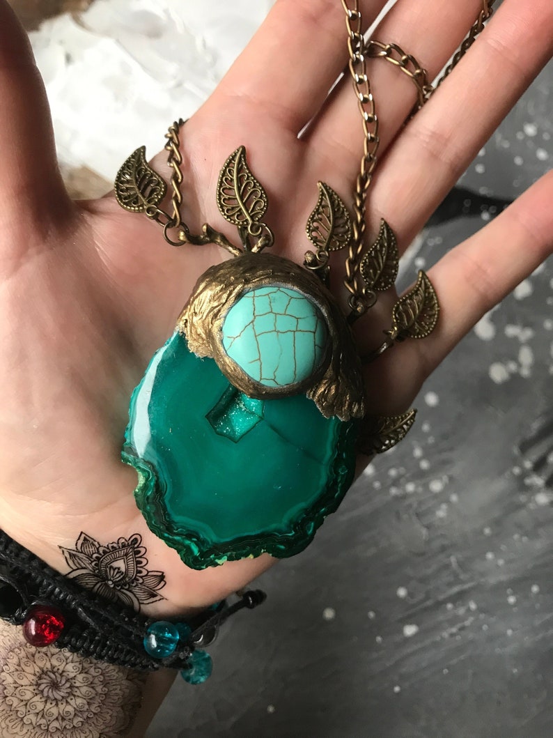 Crystals /& Spirit Quartz Necklace Druzy Agate Gemstone Pendant Bronze Aura Boho Hippie Pendant Mother Nature Forest Fairy Pendant Fantasy