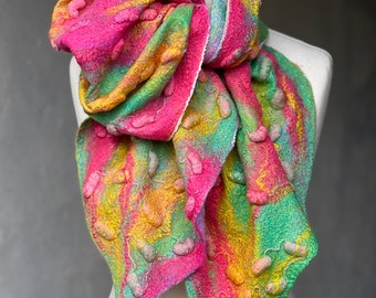 Bright very soft felted scarf. Pink Yellow Mint bright felted scarf.  Nunofelted nuno felted shawl. Handmade nuno felted textured shawl.