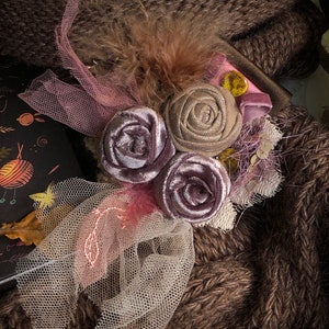 Bohemian velvet brooch -- rose rosette brooch pin - Feathers Lace Velvet Brooch Flower Handmade