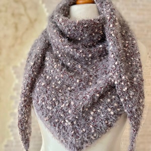 Crochet Wrap Shawl: Triangular Gray Fluffy Cowl with Tassels