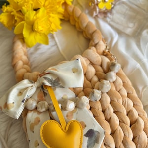 Yellow Chunky Velvet Bag / Handmade Velvet Knit Bag /  Butterscotch Yellow Crossbody with Floral Bow & Heart Charm