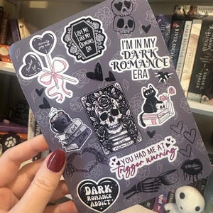 Peut inclure: Un carnet gris orné d'autocollants sur le thème de la romance sombre. Les autocollants incluent des crânes, des cœurs et des phrases comme "Dark Romance Addict" et "Trigger Warning".