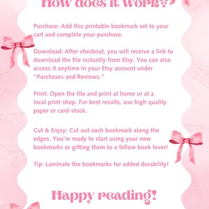 Puede incluir: Conjunto de marcap&aacute;ginas imprimibles rosa y blanco con instrucciones sobre c&oacute;mo descargar, imprimir, cortar y disfrutar de los marcap&aacute;ginas. El texto dice "&iquest;C&oacute;mo funciona?" y "&iexcl;Feliz lectura!"