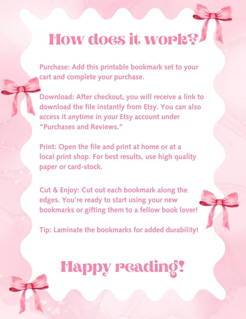 Puede incluir: Conjunto de marcap&aacute;ginas imprimibles rosa y blanco con instrucciones sobre c&oacute;mo descargar, imprimir, cortar y disfrutar de los marcap&aacute;ginas. El texto dice "&iquest;C&oacute;mo funciona?" y "&iexcl;Feliz lectura!"