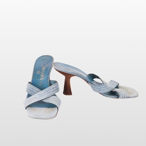 Early 2000s Vintage Chanel Denim Wooden Mule Heels | gift for her, birthday gift, designer piece
