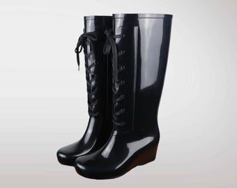 Yves Saint Laurent Black Lace-Up Rubber Rain Boots | EU37