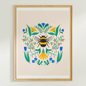 Botanical Bee Art Print: Whimsical Giclée Wall Decor
