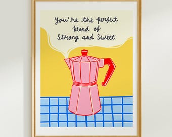 Moka Pot Art Print: Whimsical Coffee Illustration, Cafe Wall Art