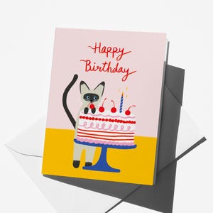 Tarjeta de cumpleaños de gato: Ilustración de un pastel juguetón