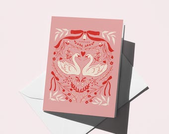 Swan Wedding Anniversary Card: Romantic Floral Illustration