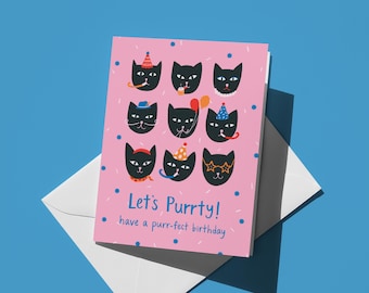 Funny Cat Birthday Card: Let's Purrty! - Hand-Drawn Design