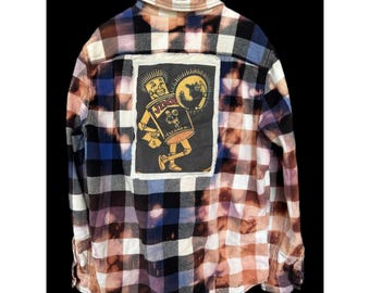 Distressed Upcycled Grunge Flannel Bleach Dye Jinx Patch Folk Art Shirt XL