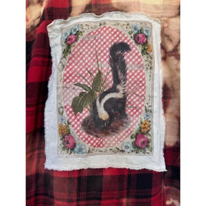 Vintage Skunk Upcycled Bleached Flannel Shirt Folk Art Medium