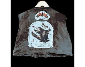 Opossum "Be Kind" Cropped Utility Vest XL – Upcycled Folk Art