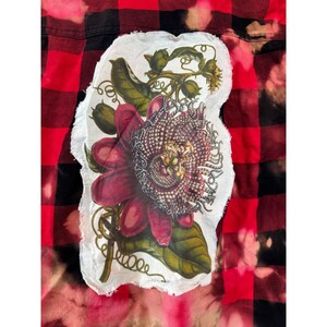 Red Buffalo Plaid Flannel Bleach Dye Passion Flower Patch Upcycled Shirt Small