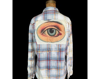 Upcycled Eye Patch Flannel Shirt Medium | Folk Art Plaid Button Down
