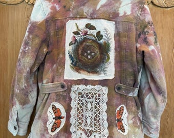 Upcycled Lined Flannel Jacket – Bird +Moth Patch Vintage Lace– Folk Art – Large
