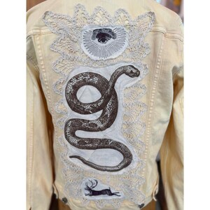 Upcycled Cream Denim Jacket –Snake +Sacred Eye Patch– Vintage Lace Folk Art –Med