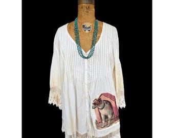 Upcycled White Cotton Lace Tunic Shirt Vintage Dog Art Oversized Boho One of One